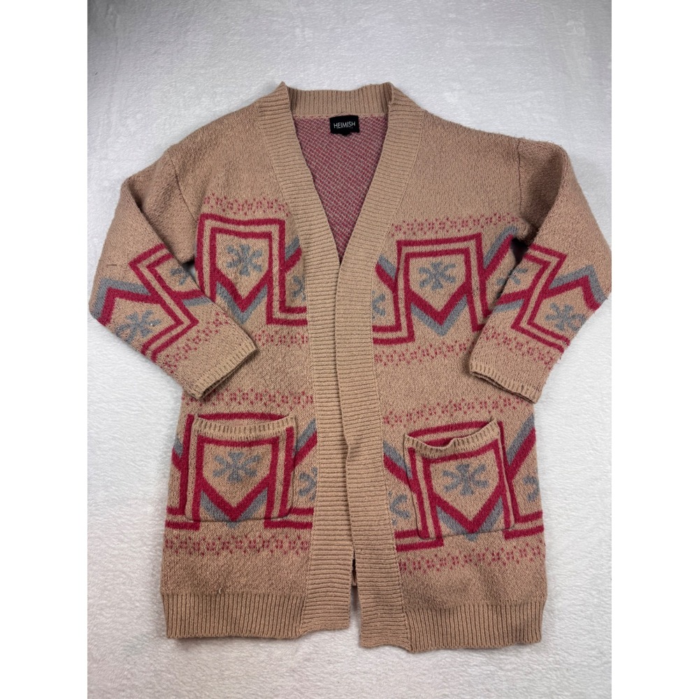 Heimish Tan Pink Fair Isle Geometric Open Front Cardigan Sweater M/L WJJ1015F